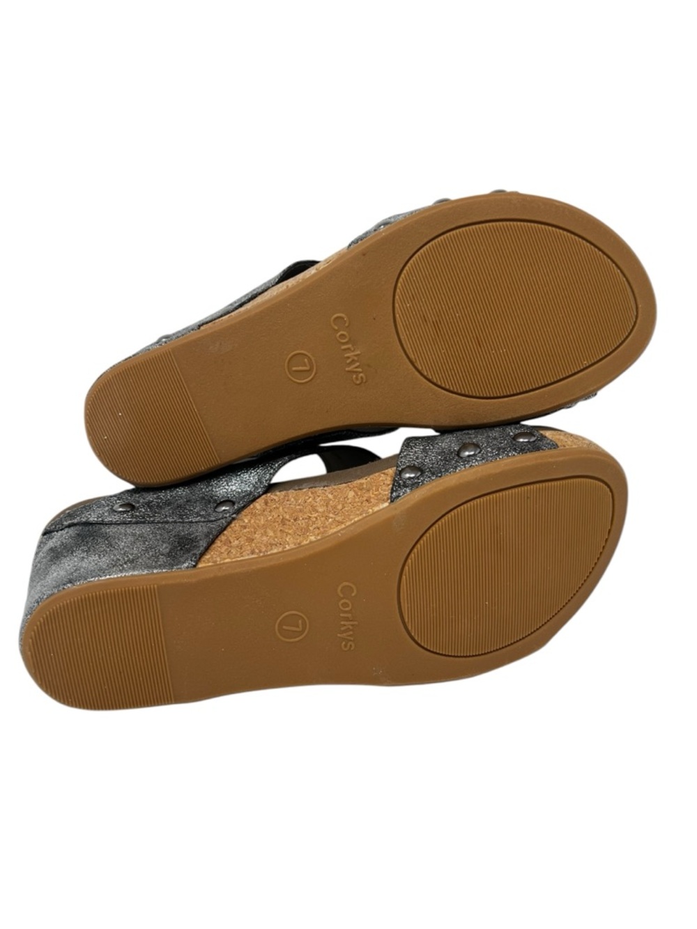 Corkys Metallic Silver Wedge Sandals with Cork Platform - Picture 7 of 10